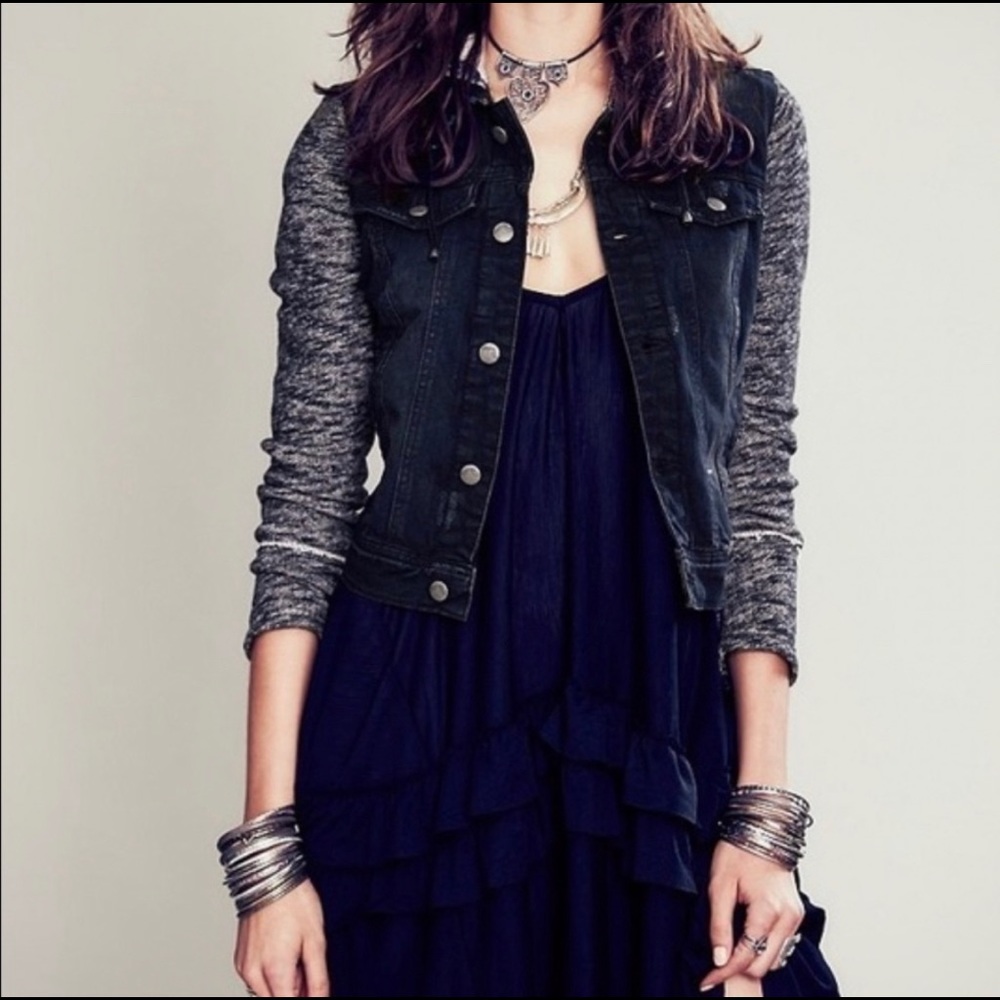 Free people denim jacket dark wash with hood size s